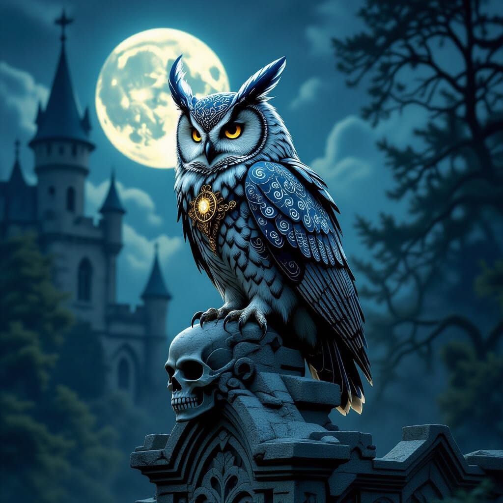 Clockwork Owl on Castle Gargoyle in Matte Painting Style