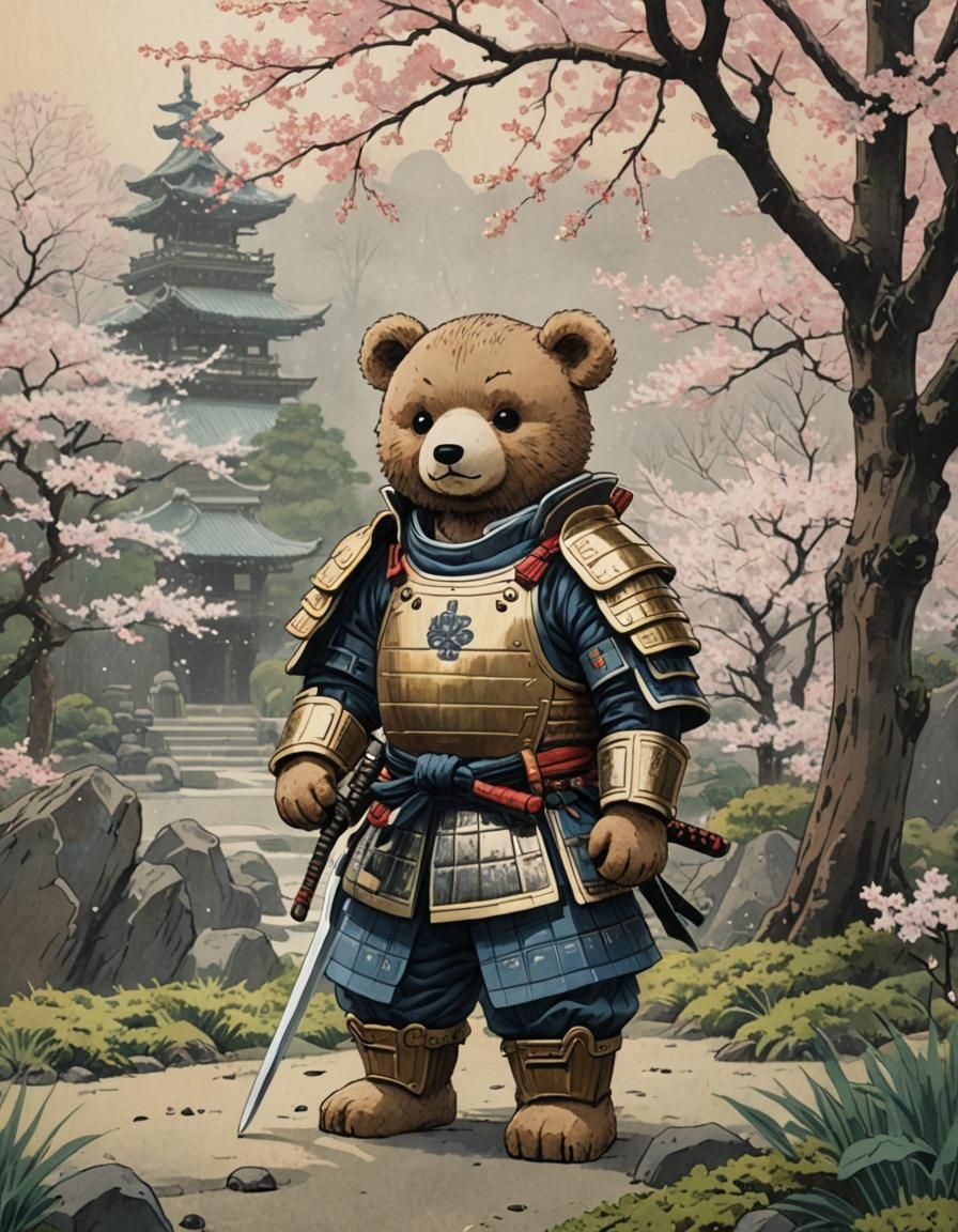 Teddy Bear Samurai in Japanese Garden: Ukiyo-e Style