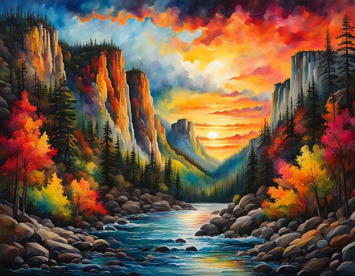 Picturesque Forest Landscape Painting with Dramatic Sunset