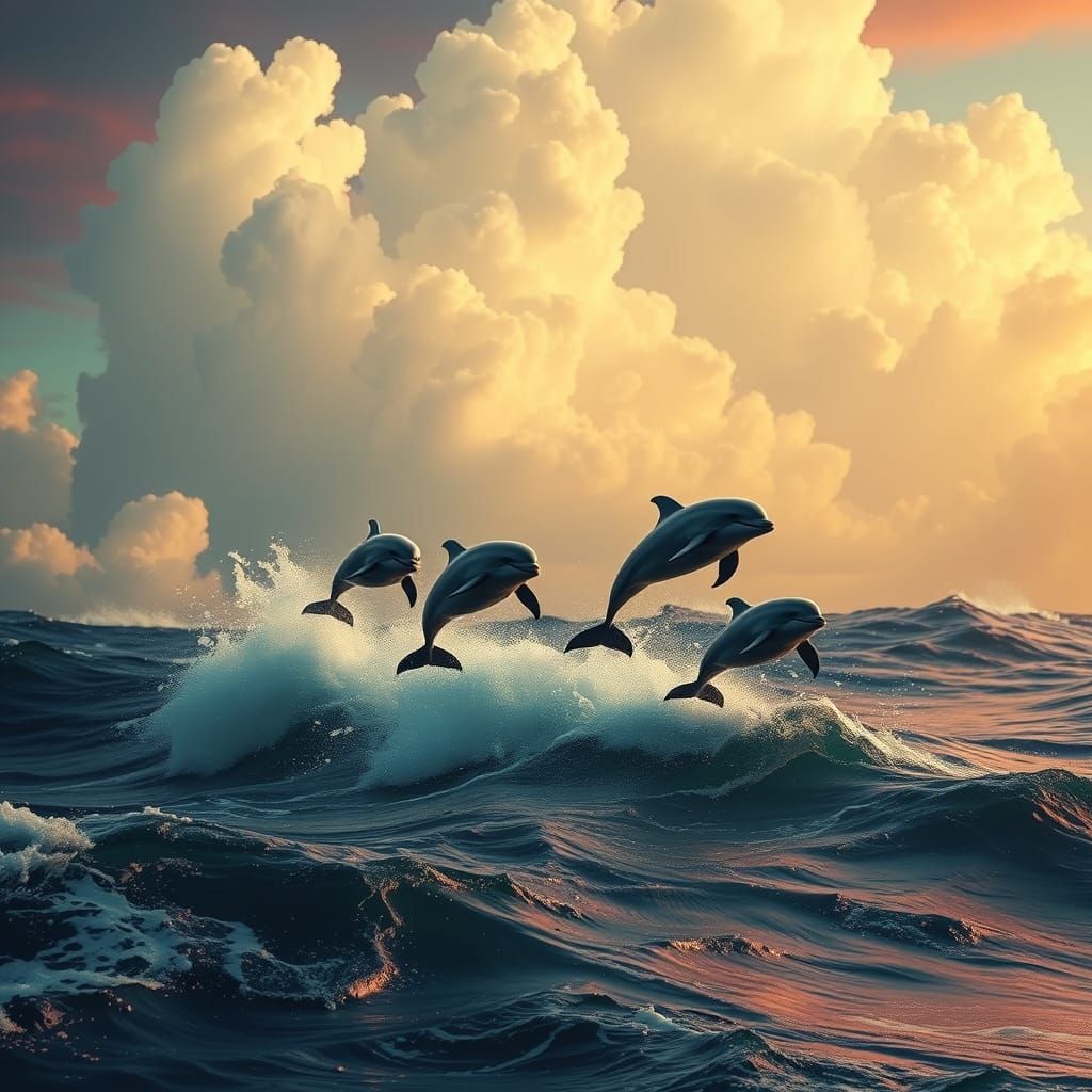 Dolphins Leaping in Vibrant Oceanic Landscape