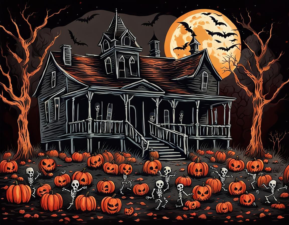 Haunted October Night: Creepy Skeletons and Ghosts