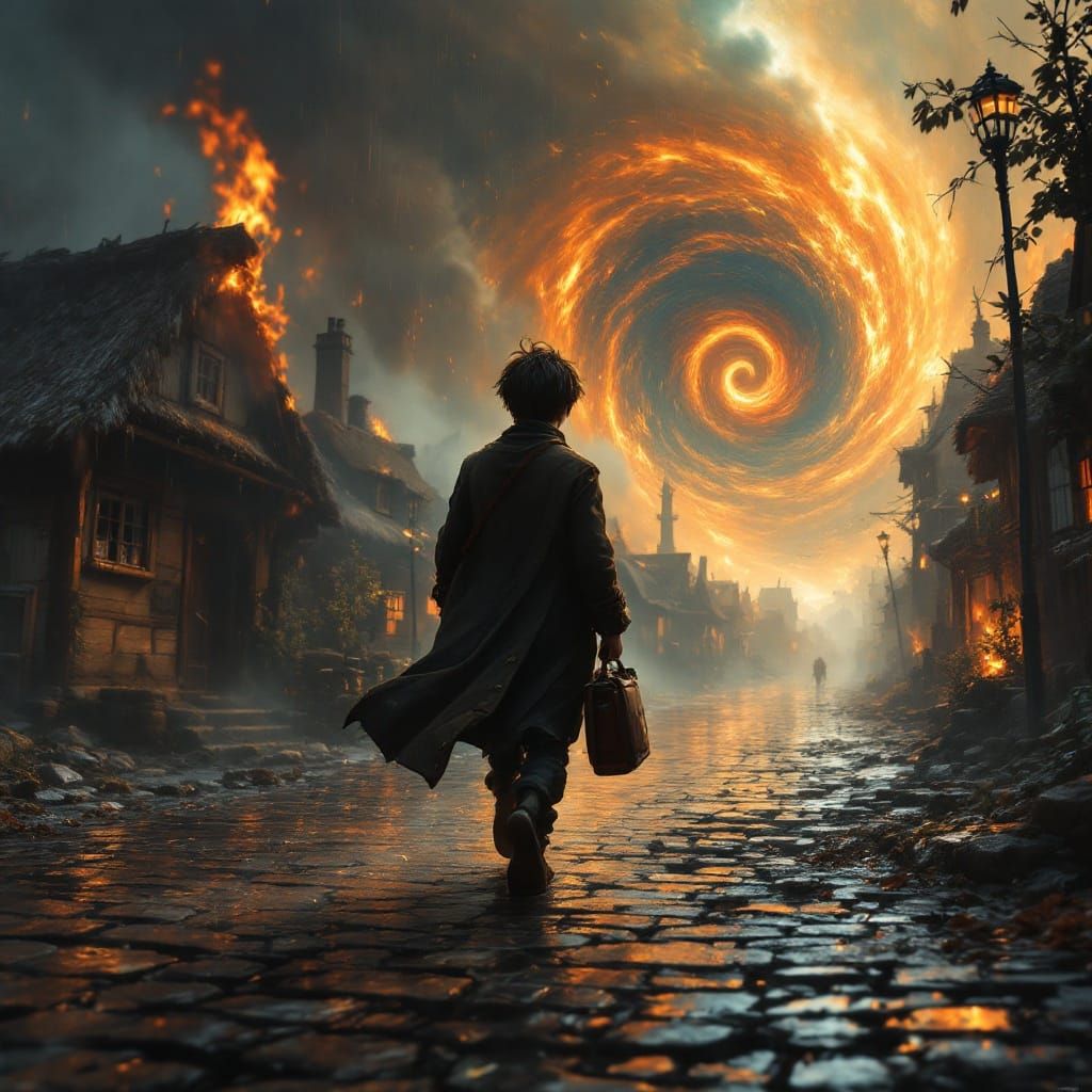 Boy's Journey from Burning Village in Cinematic Style