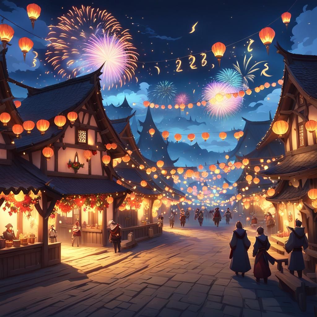 Lively Medieval Village Festival in Anime-Inspired 3D Art