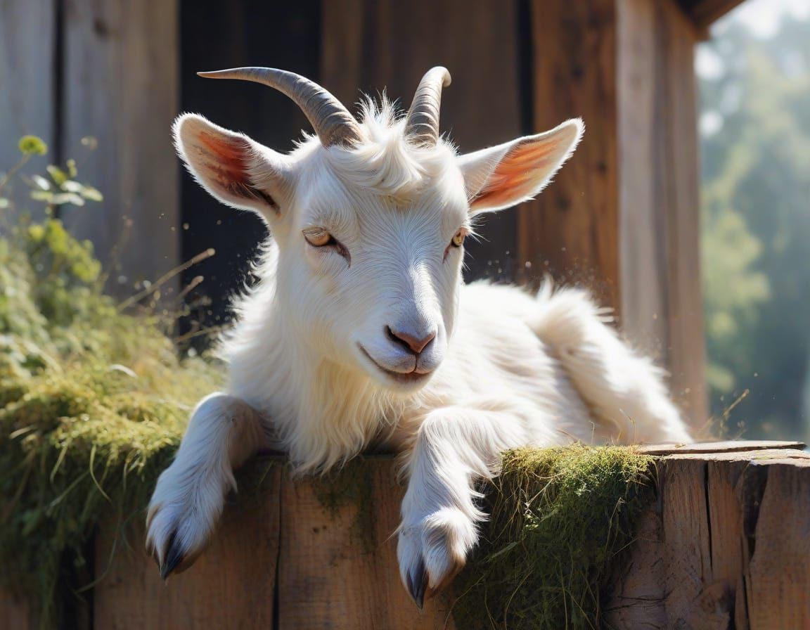 Goat Kid Resting in Barn Light, Watercolour Style