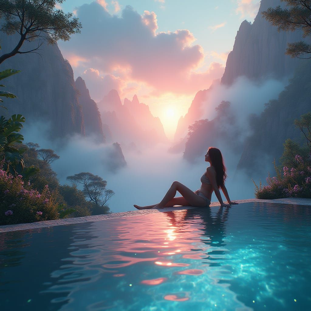 Surreal Woman Gazing at Infinity Pool in a Vibrant Dreamscap...