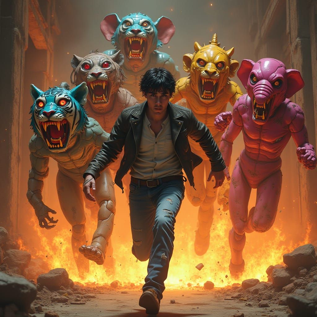 Cyberpunk Hero Fleeing Malfunctioning Animatronic Zoo Creatu...