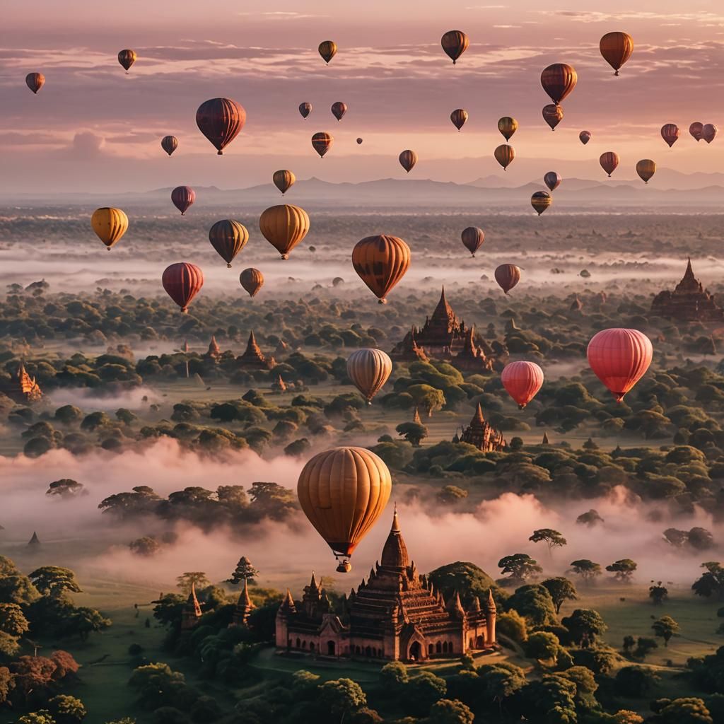 Sunset Over Bagan Pagodas in Dreamy Photography Style