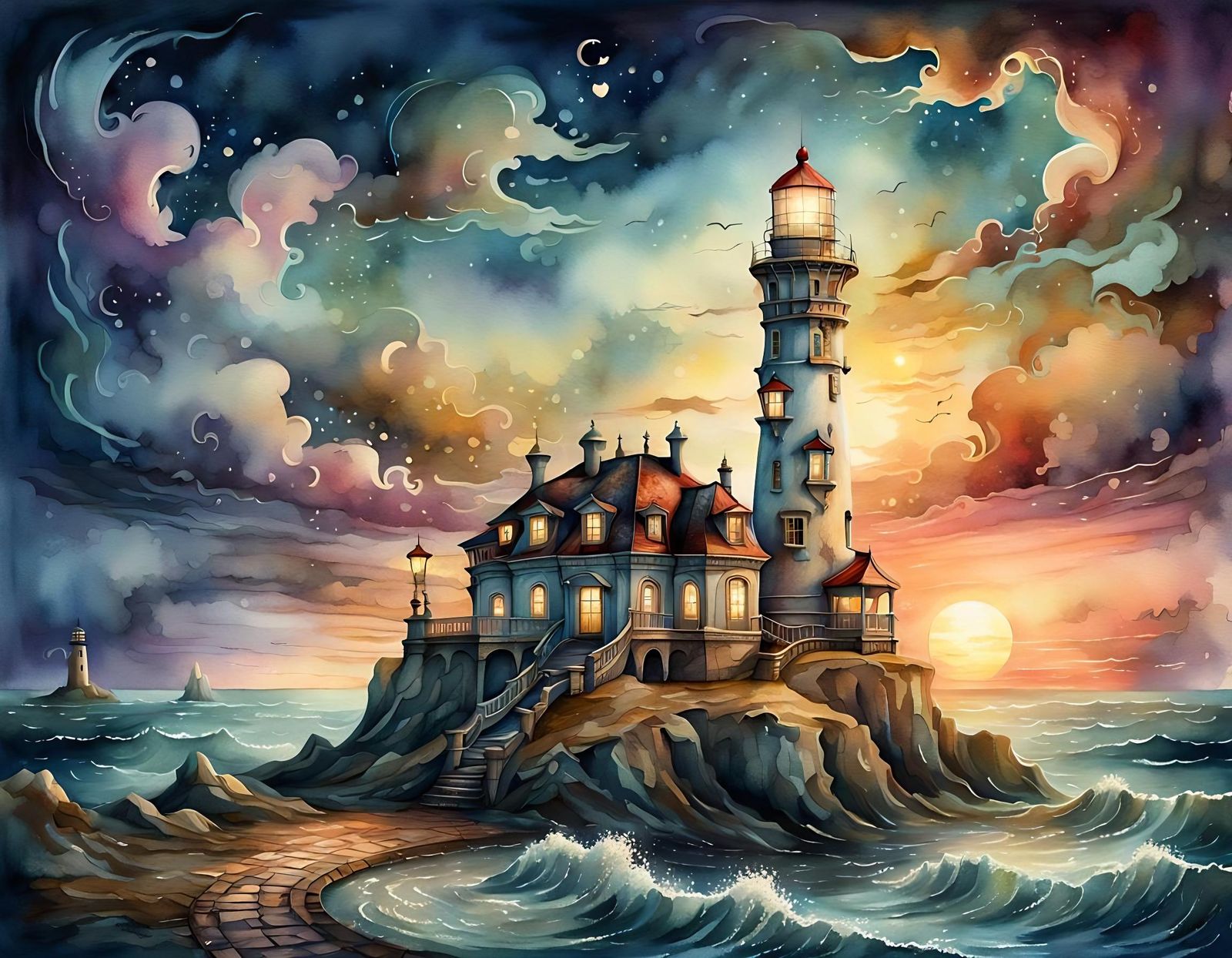 Surreal Rococo Lighthouse in Atmospheric Twilight