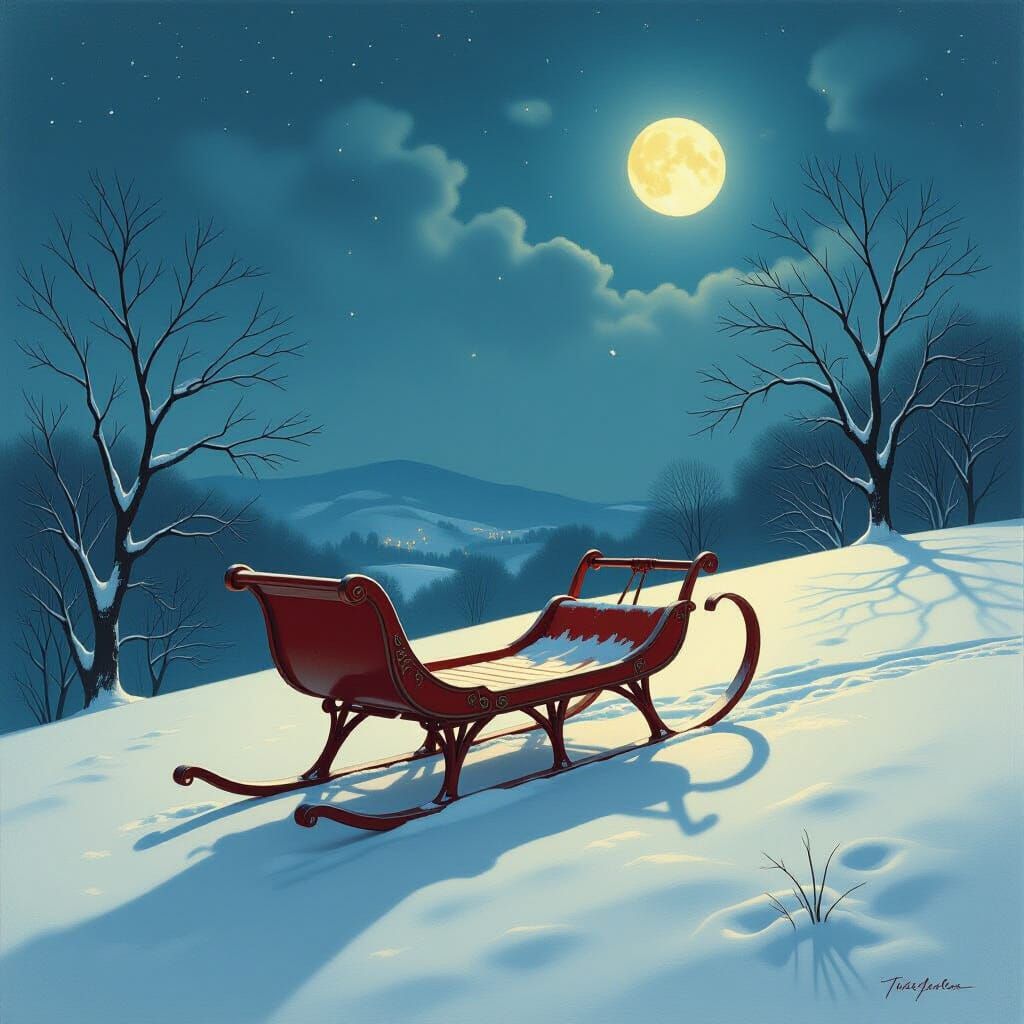 Antique Sled on Snowy Hill in Nostalgic Style
