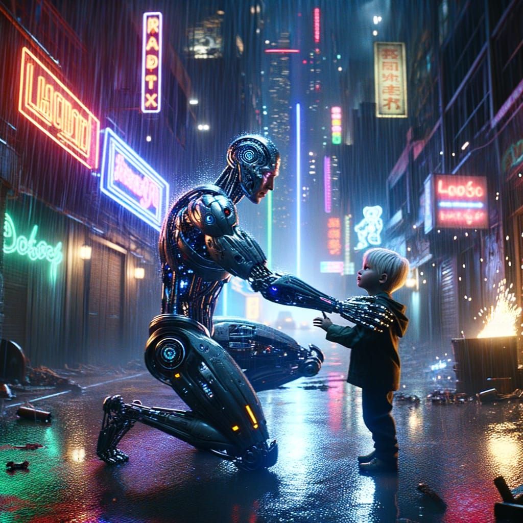 Replicant Protector in Cyberpunk Cityscape