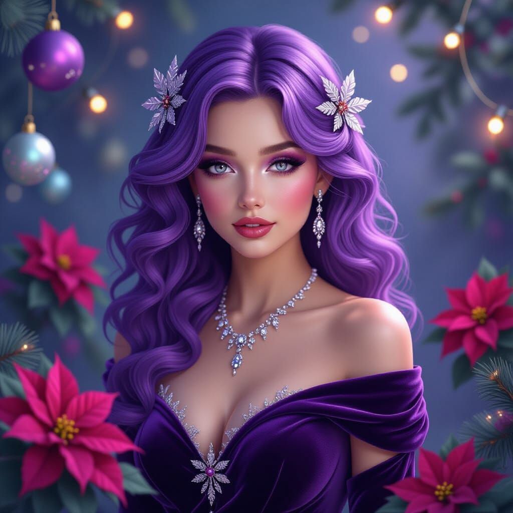 Lavender-haired beauty with plum eyeshadow, soft curls pinne...