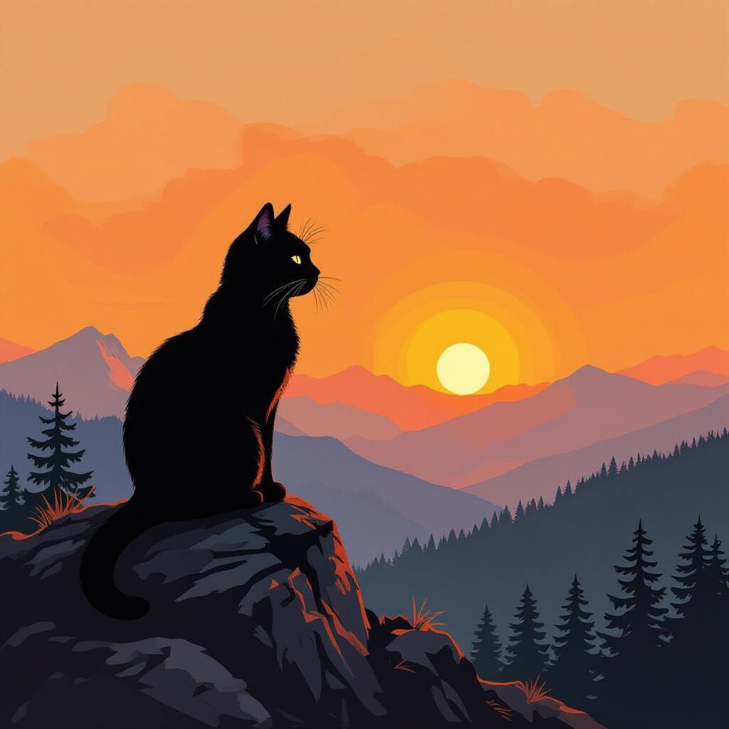 Contemplative Black Cat at Sunset: An Expressionist Painting
