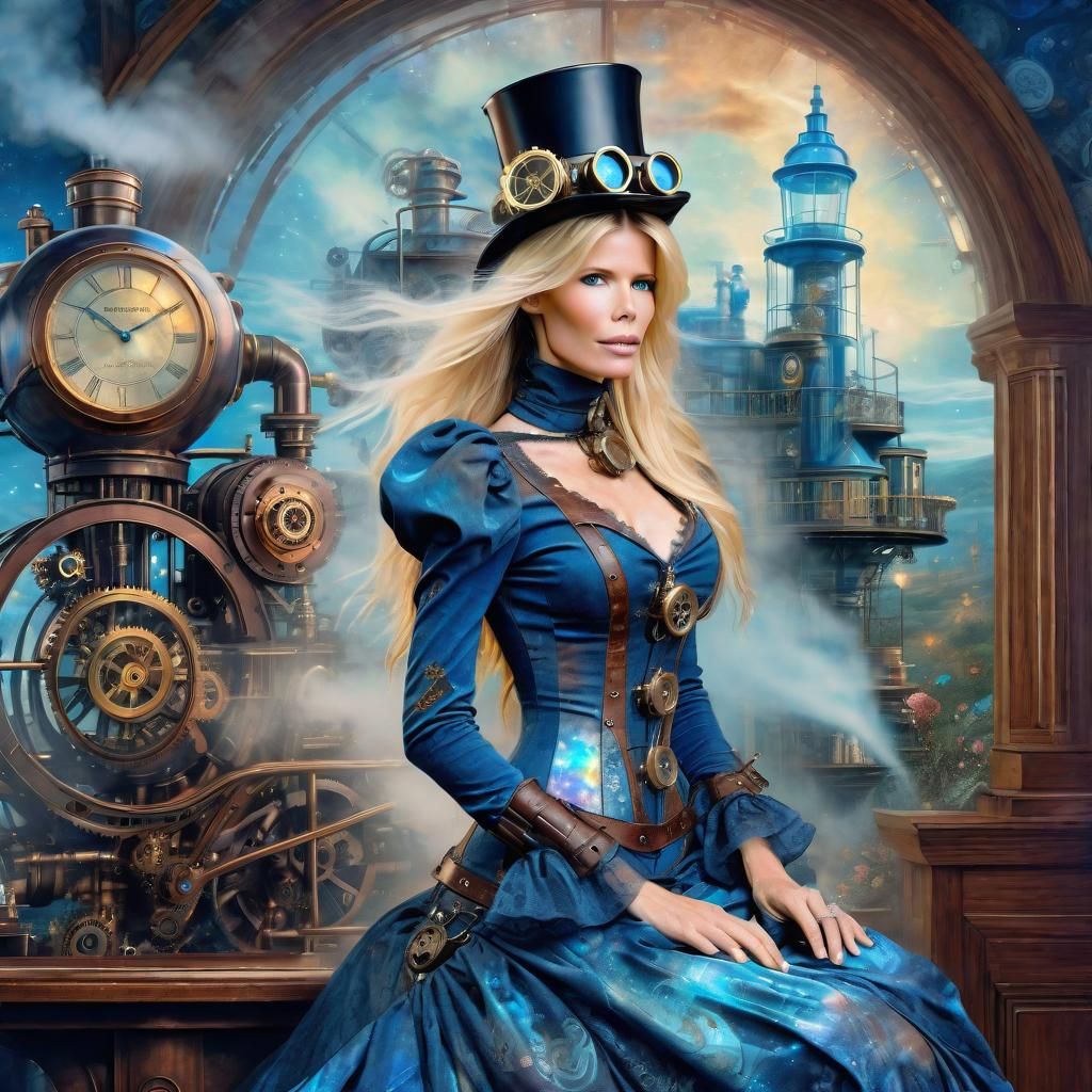 Steampunk Woman in Ethereal, Detailed Mixed Media