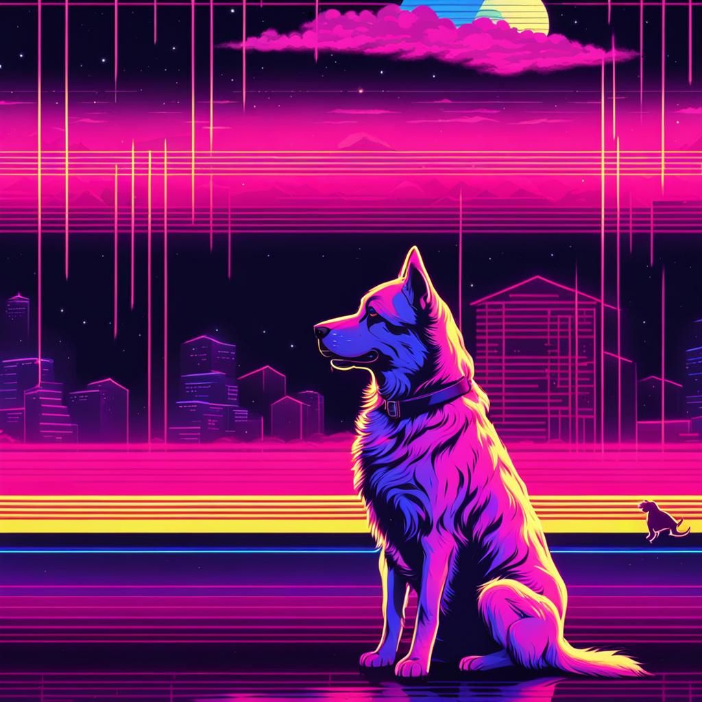 Dog and Cat Chase in Synthwave Neon Style