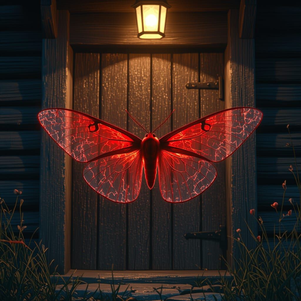 Crimson Moth Hologram Before Wooden Door at Night