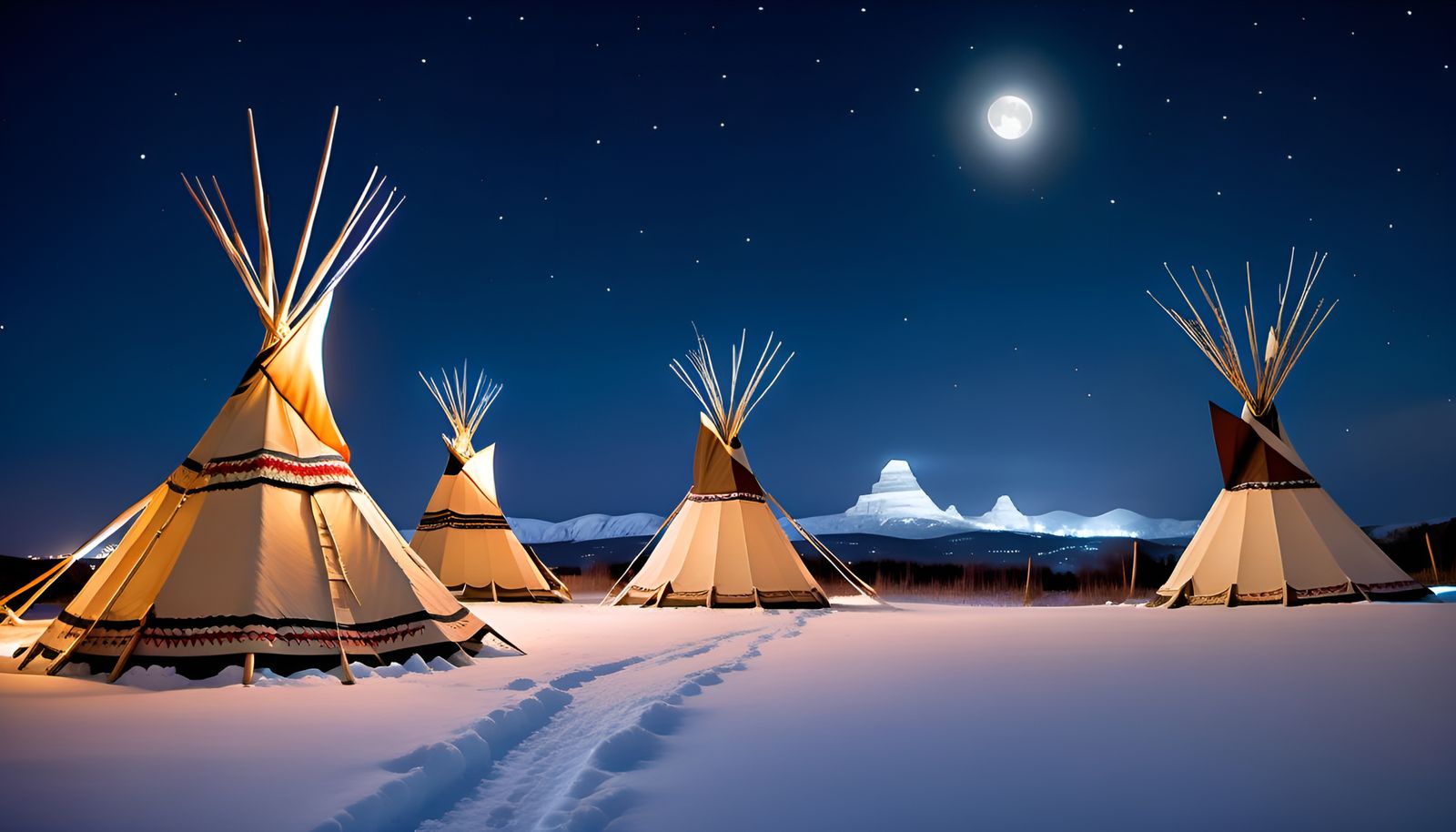 Moonlit Teepees in Snowy Landscape Photography