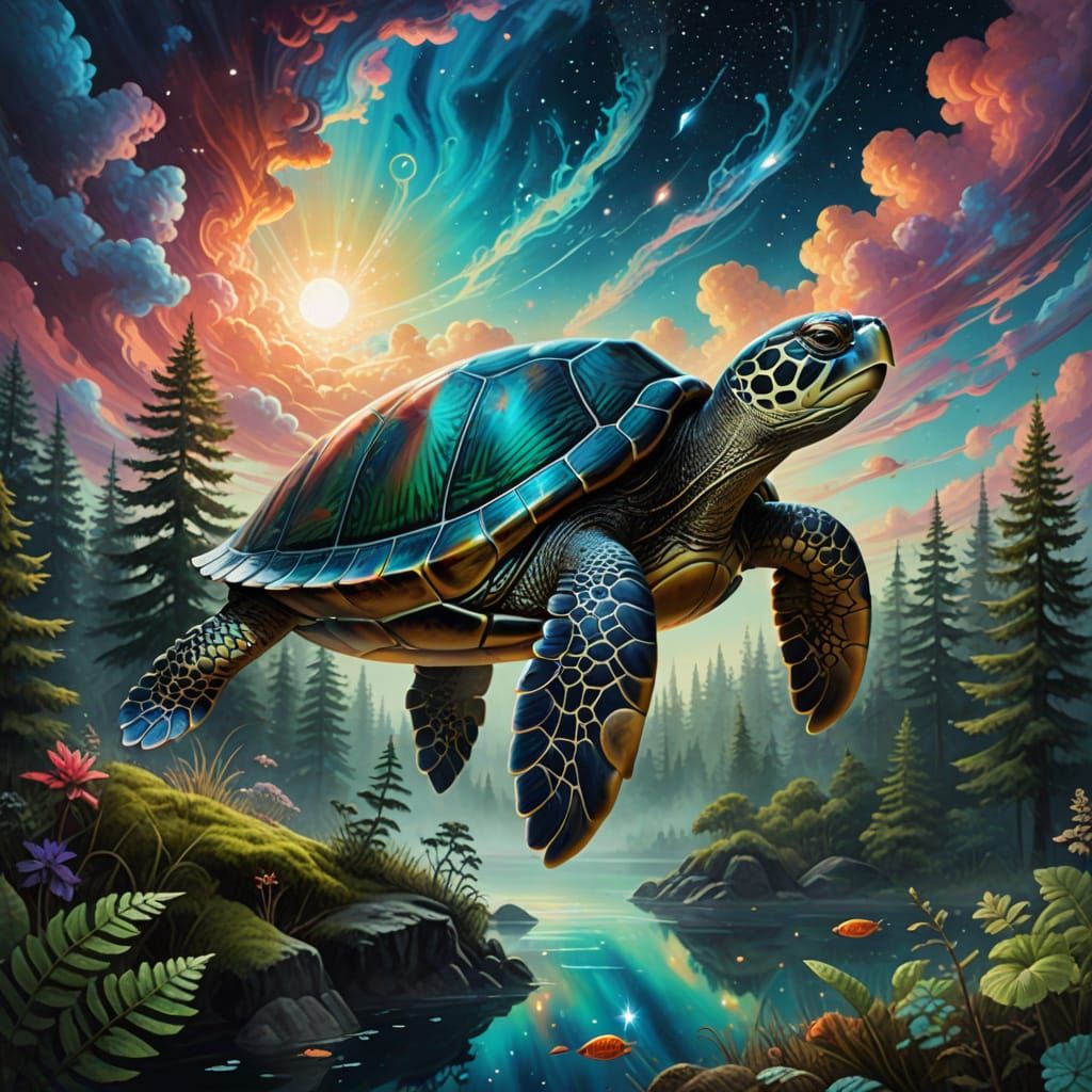 Iridescent Turtle with Forest Floats in the Sky