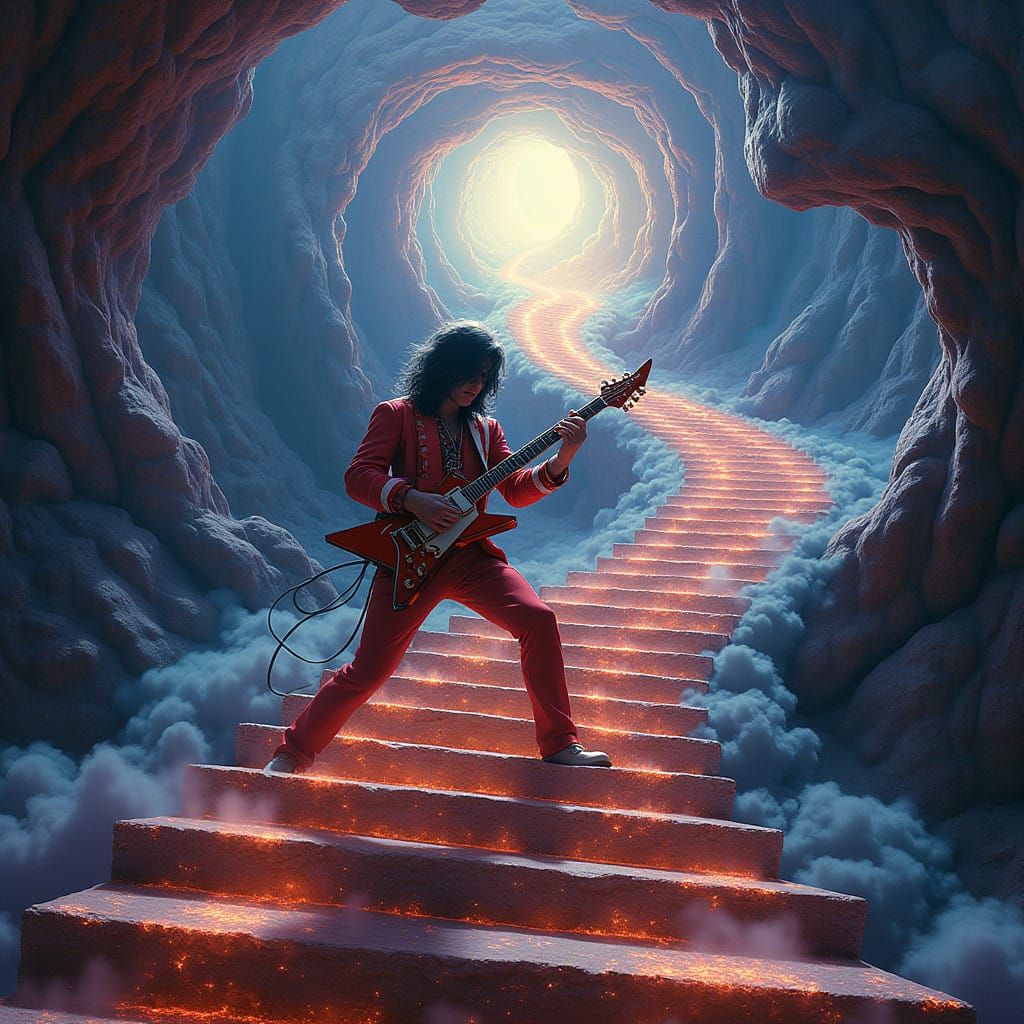 Epic Rockstar Ascends Mystic Stairway in Vibrant, High-Fanta...