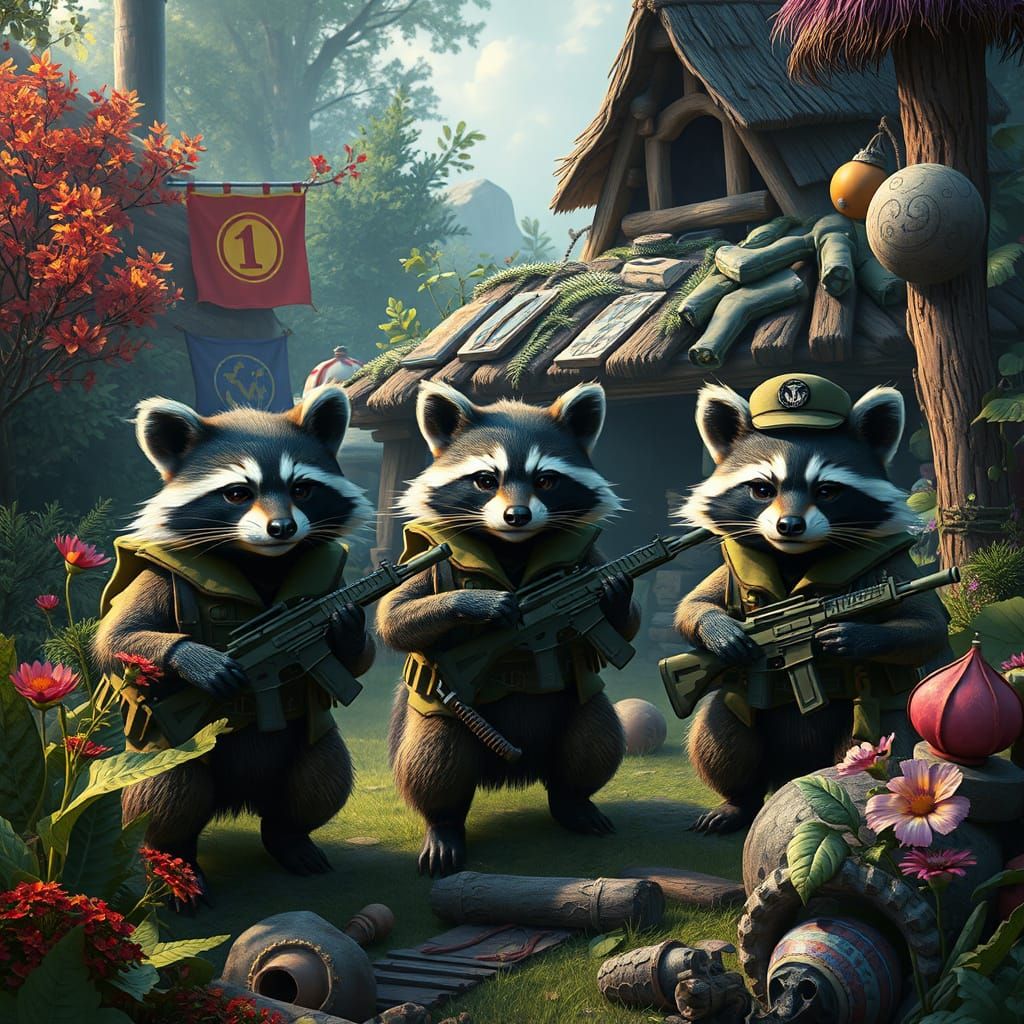 Whimsical Raccoon Warriors Build a Magical Barracks