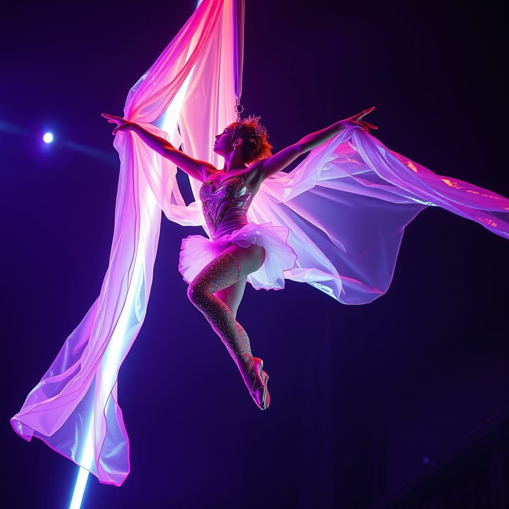 Surreal Futuristic Aerialist in Shimmering Performance Silks