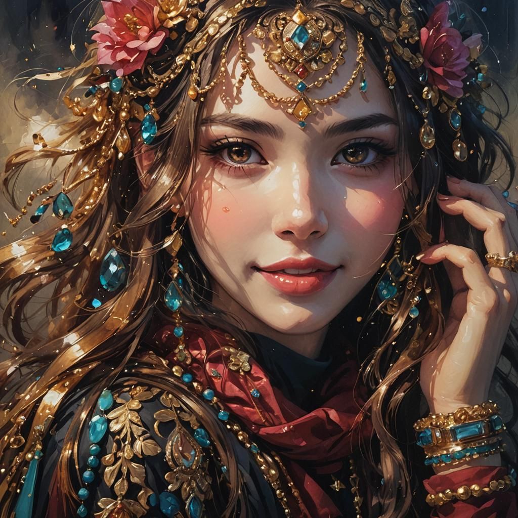 Charming Girl with Gold Jewelry in Acrylic Art
