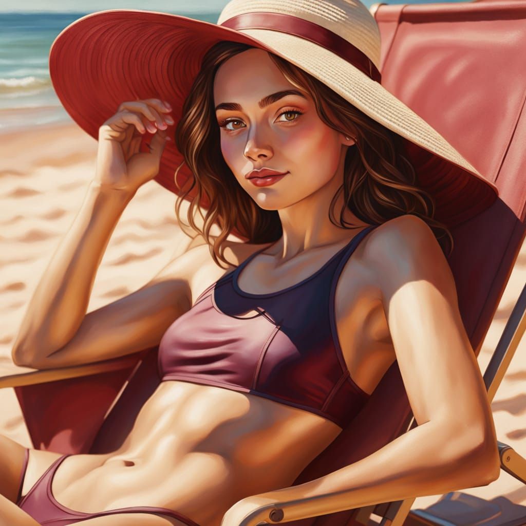 Beach Serenity: Young Woman in Sunlight, Oil Painting