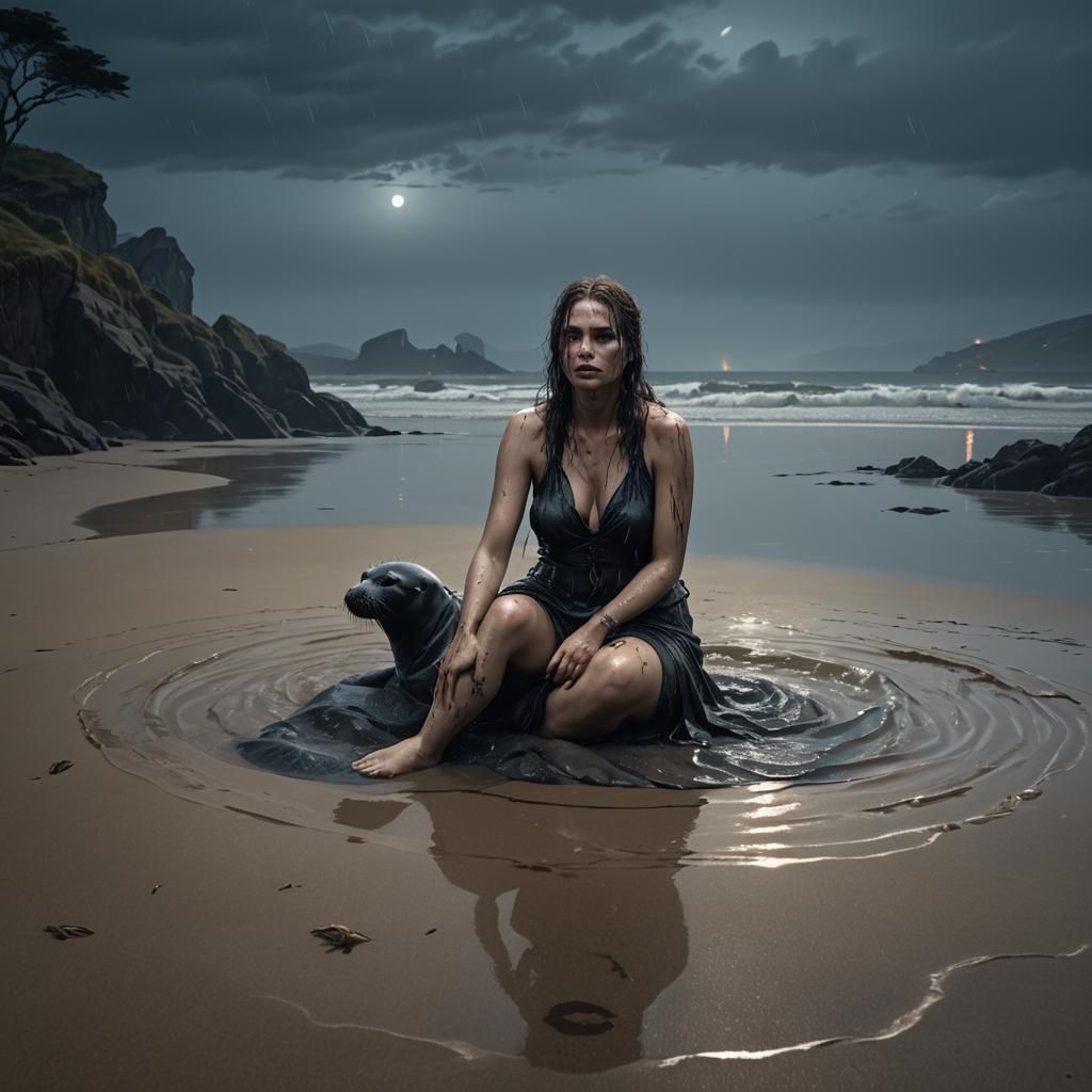 Seaside Selkie at Night: Dark Fantasy Concept Art