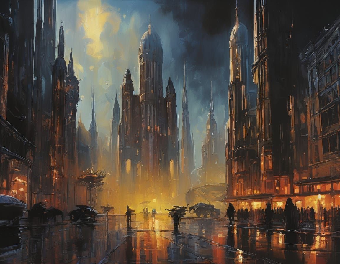 Surreal XXII Century Sci-Fi Cityscape in Warm Golden Light