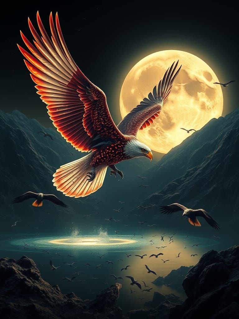 Bioluminescent Eagle Soaring Over Sapphire Lake