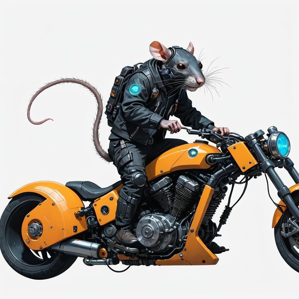 Futuristic Rat Mechanic on Motorcycle in Cyberpunk City
