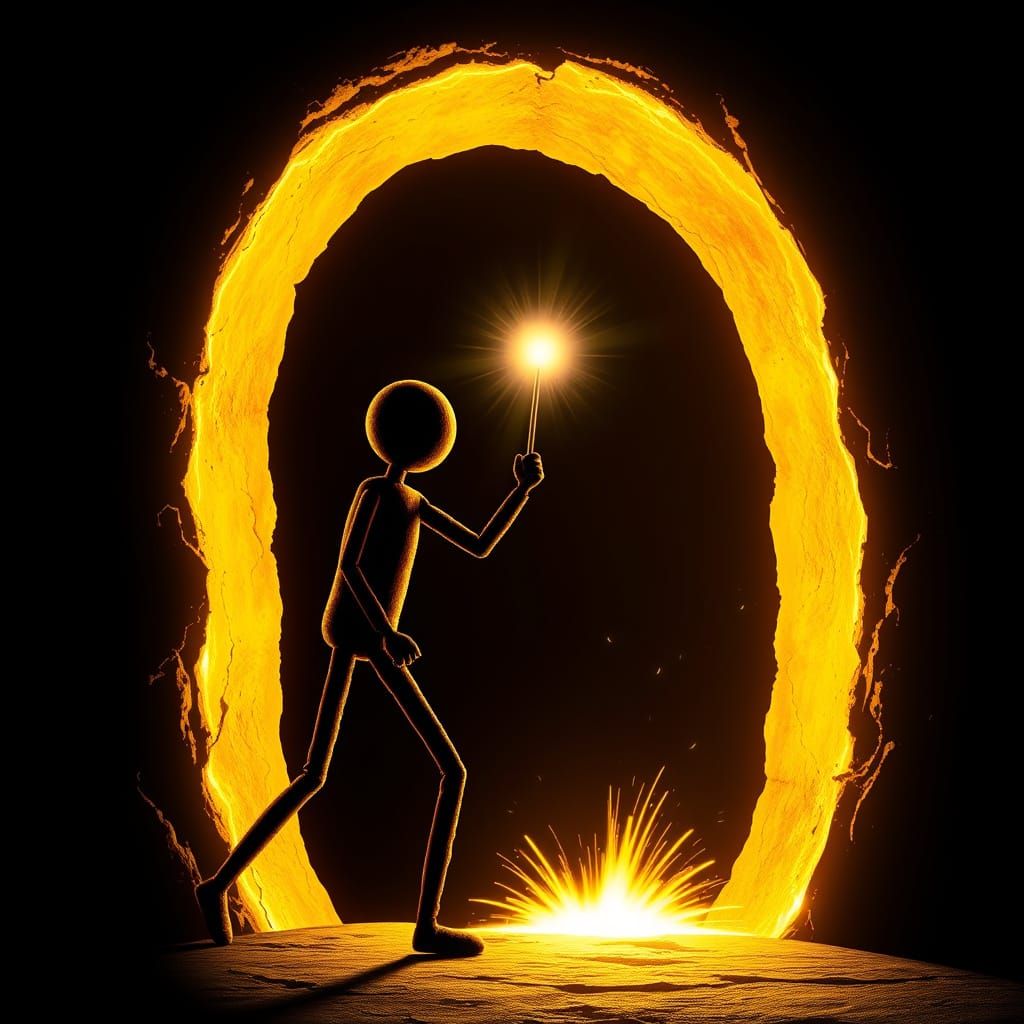 Stickman opening a giant glowing golden keyhole, light burst...