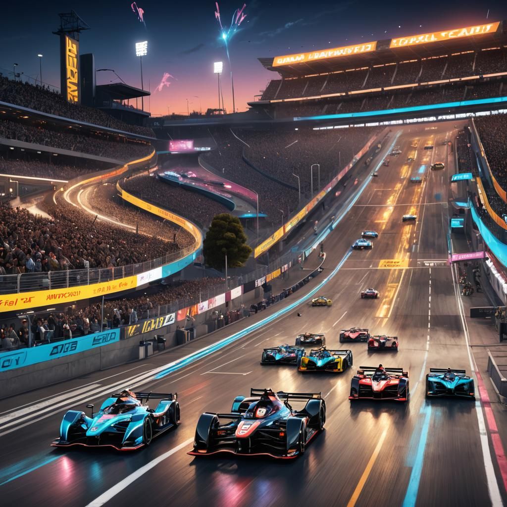 Formula E Drift Race in a Neon-Lit Futuristic Style