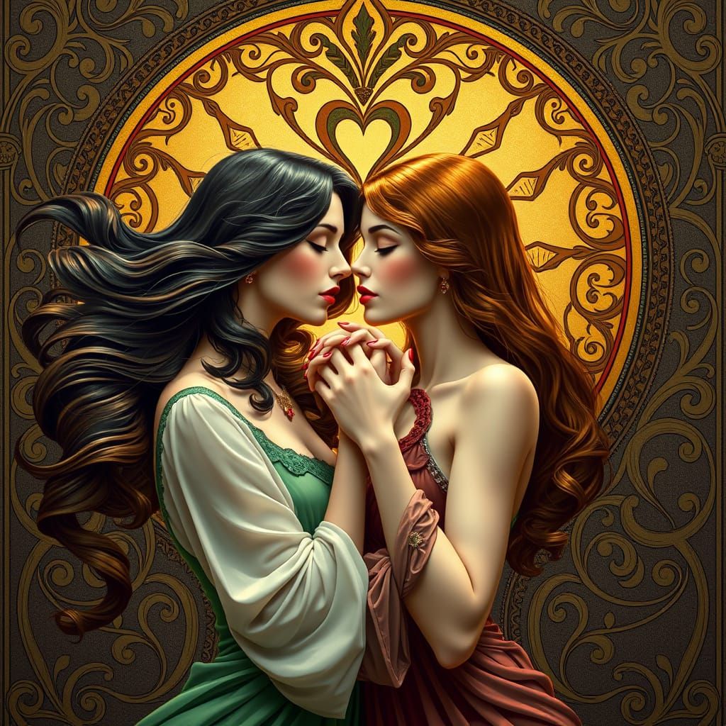Elegant Women in Heart-Shaped Art Nouveau Embrace