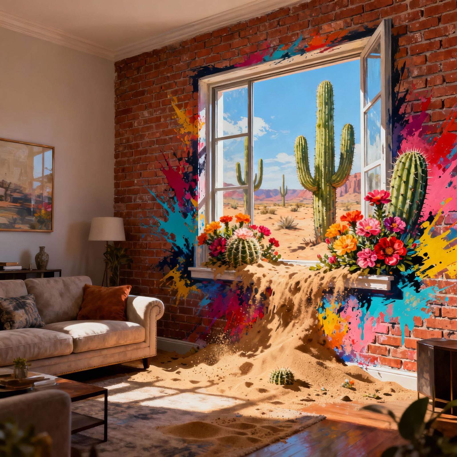 Desert Oasis Living Room with Trompe l'Oeil Illusion