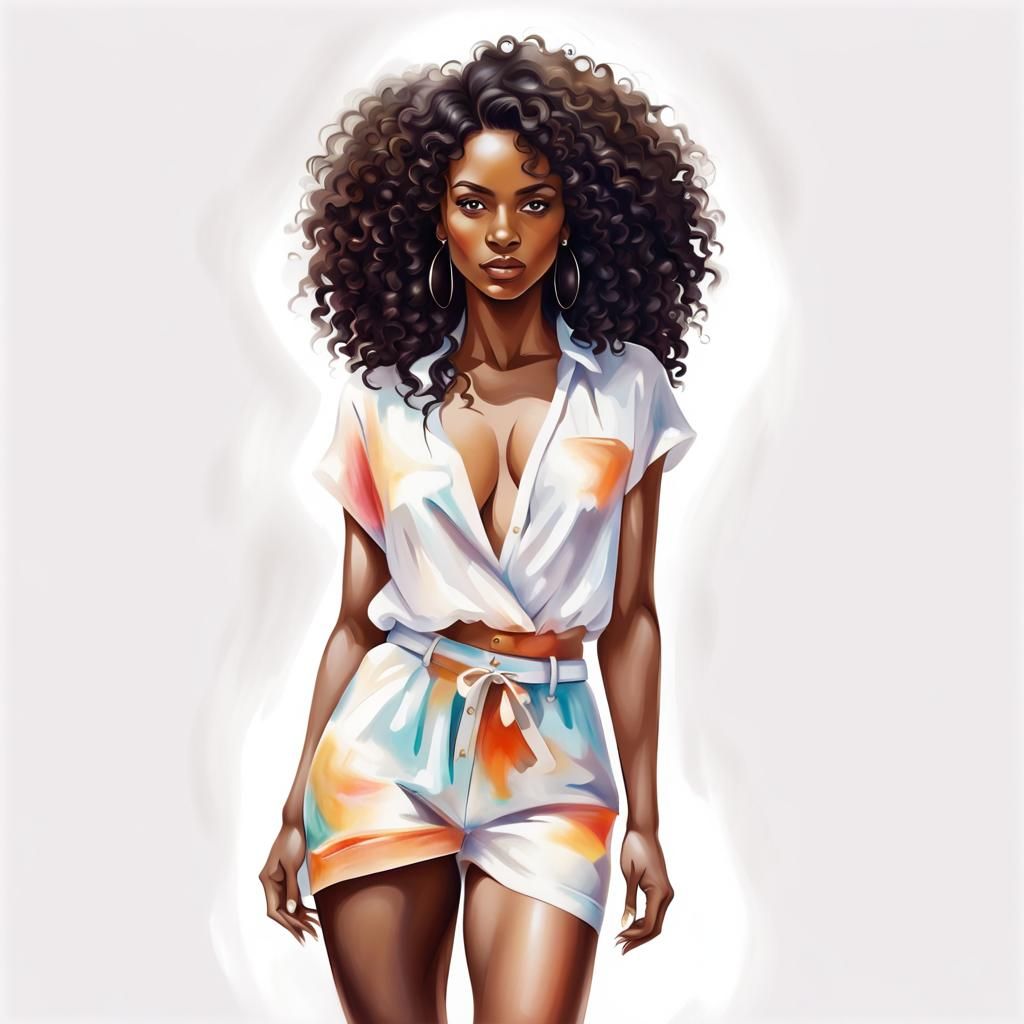Airbrush Illustration of a Dark-Skinned Woman in Summer Outf...