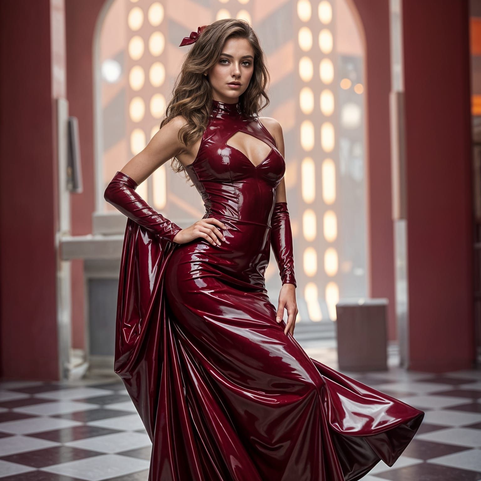 Glamorous Burgundy Goddess in Latex and Velvet