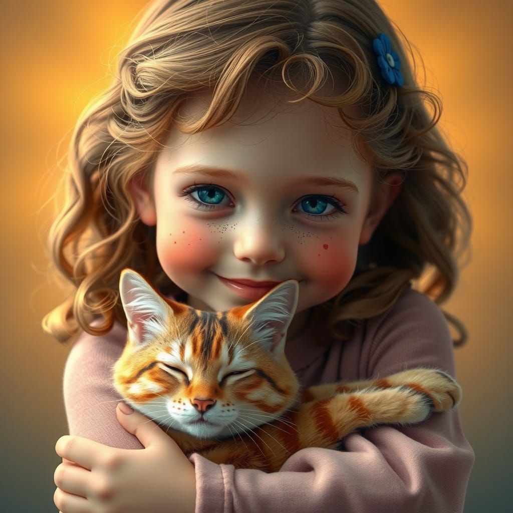 Girl Hugging Cat in Art Nouveau Style