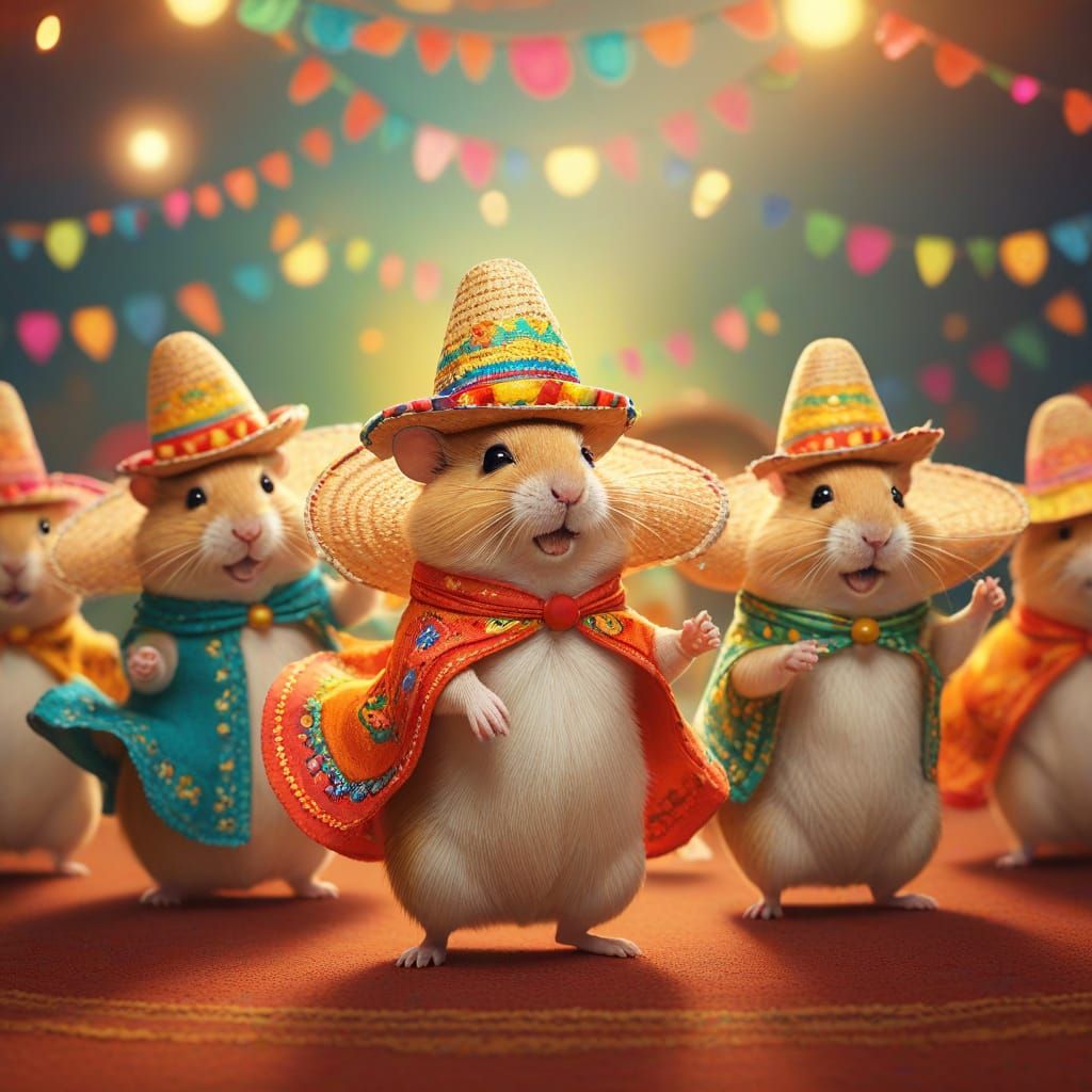 Hamsters doing the hamster dance, wearing sombreros
