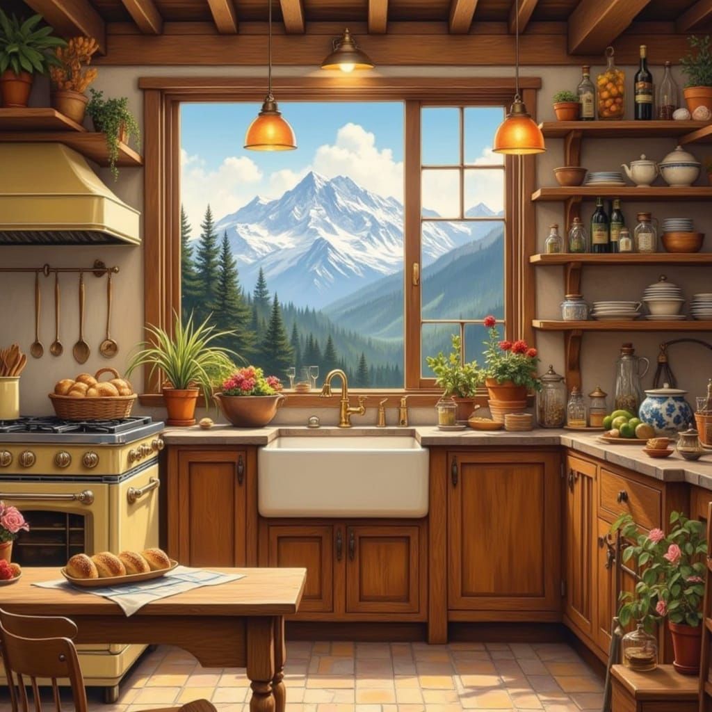 Cozy Rustic Kitchen in Storybook Oil Painting Style