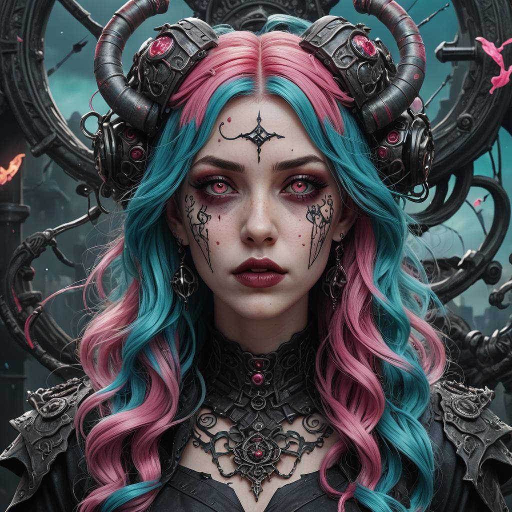 Gothic Woman with Cyan Hair, Hyperrealistic Art