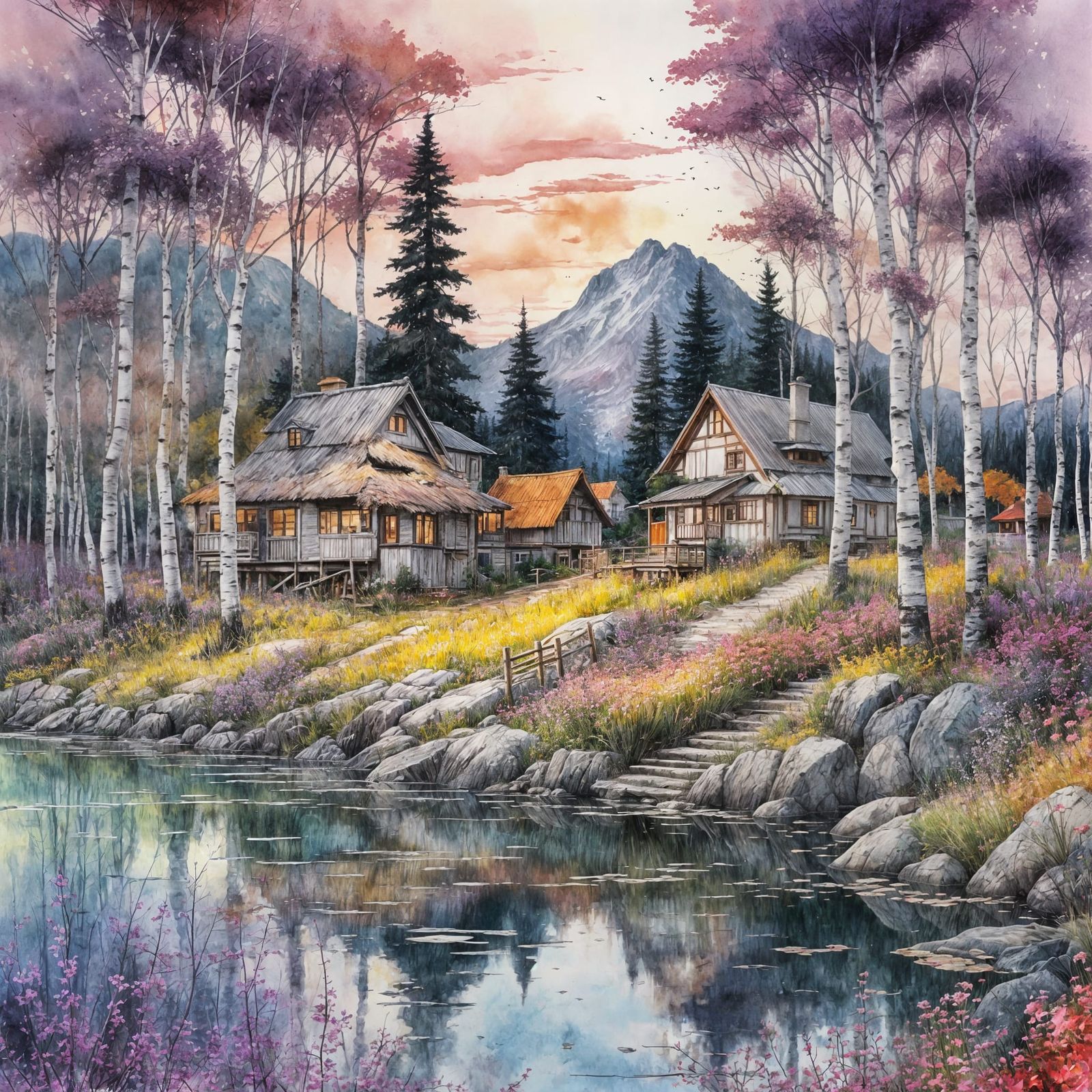 Lakeside Village in Watercolor Sunset