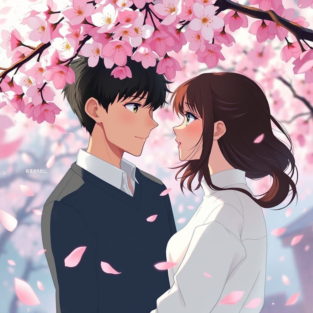 Romantic Cherry Blossom Moment in Whimsical Anime Style