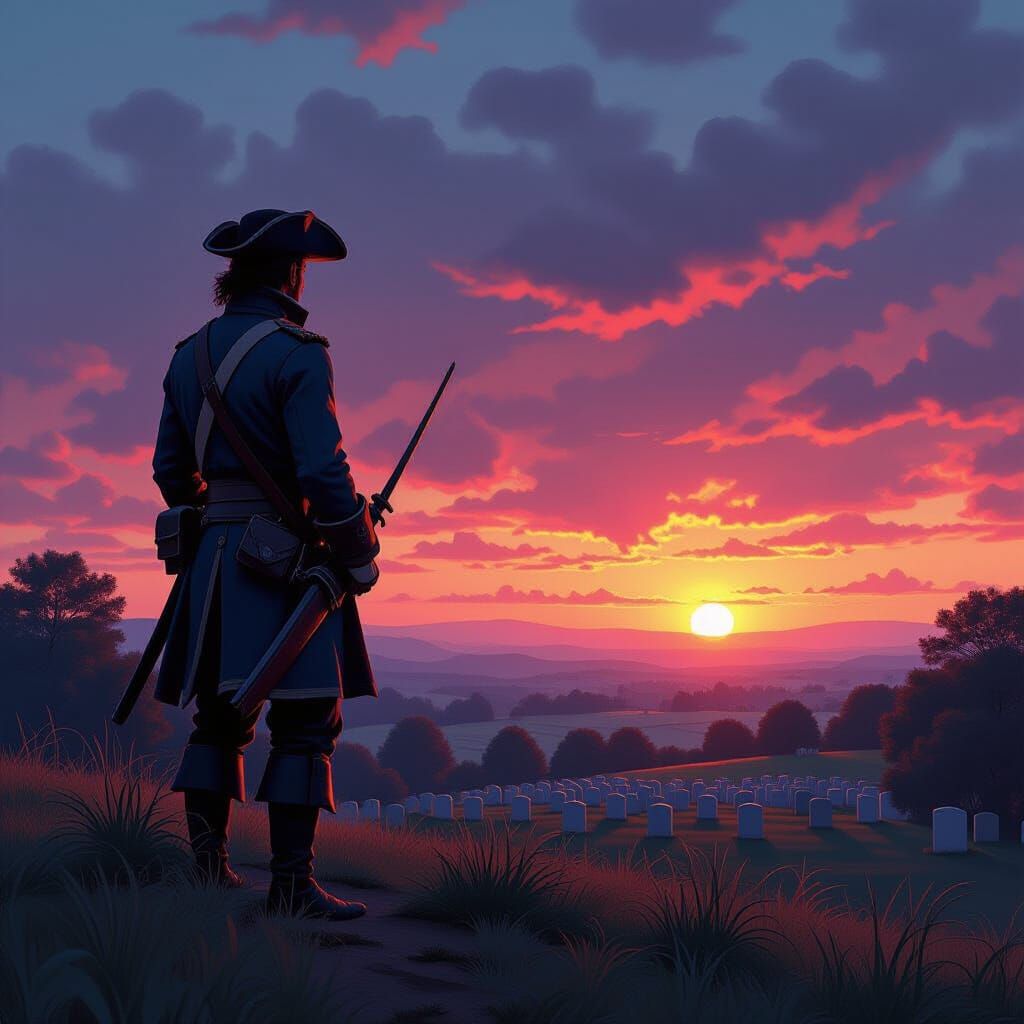 Revolutionary War Soldier Overlooks Vets Cemetery at Sundown