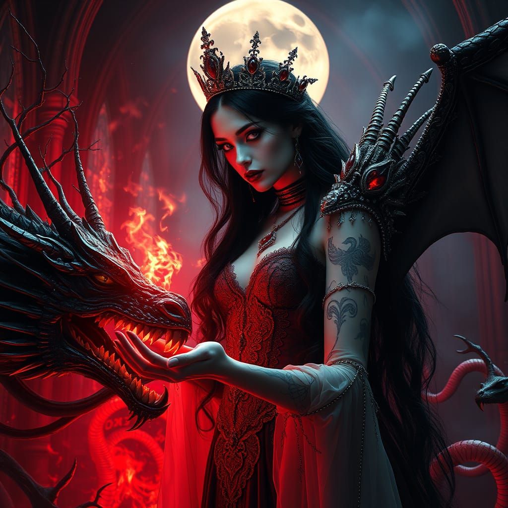 Gothic Vampire Goddess Casting Spell in Film Noir Style