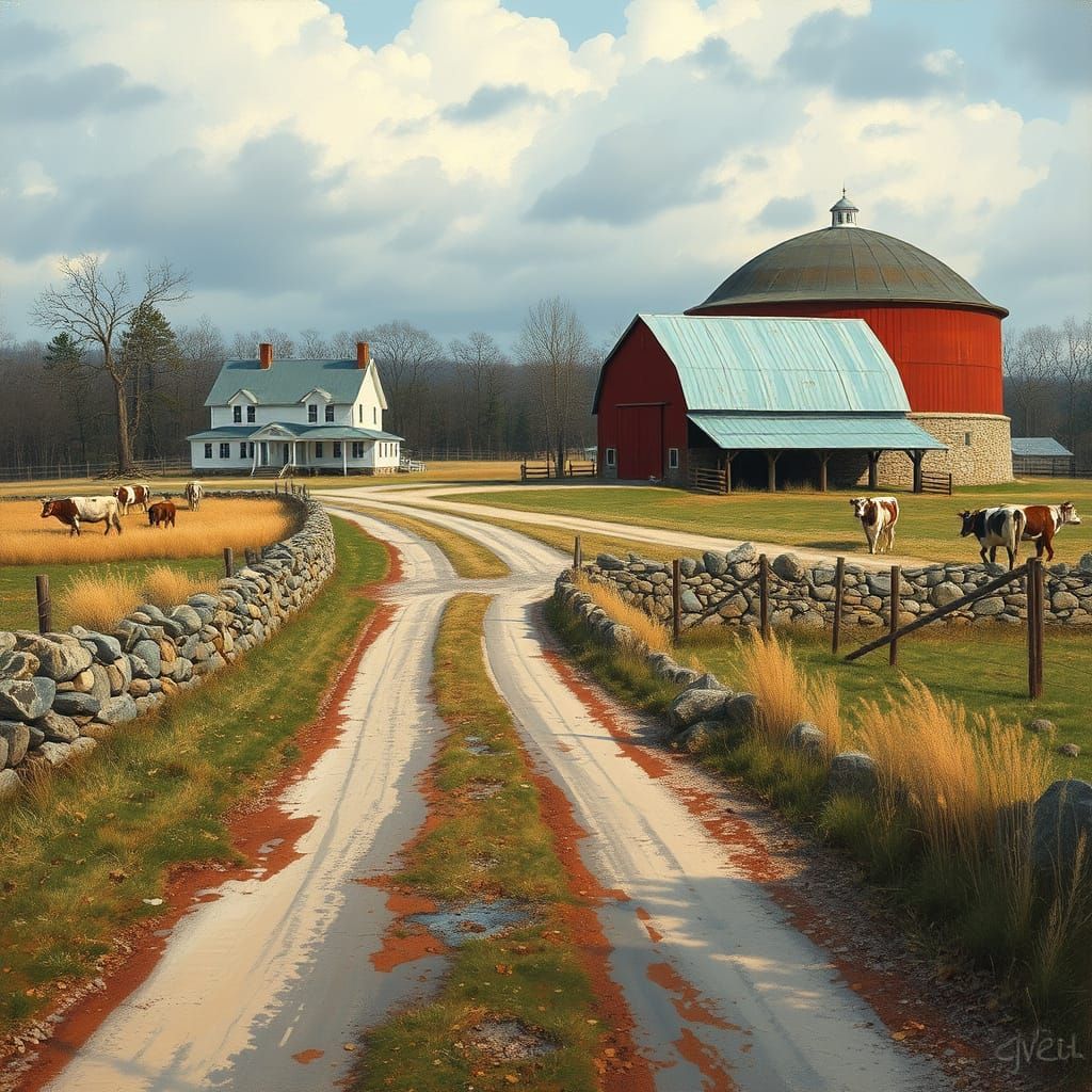 Farmhouse and Barn Landscape in Realistic Style