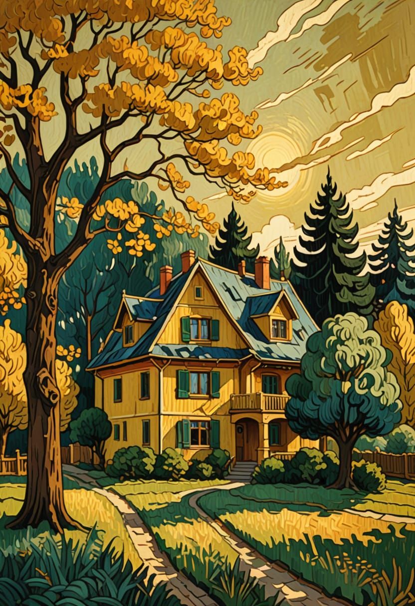 Post-Impressionist Landscape with House and Trees
