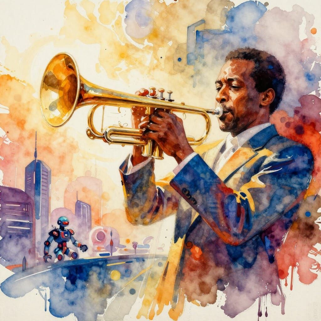 Abstract Jazz Trumpet Soundwaves Morph into Futuristic Citys...