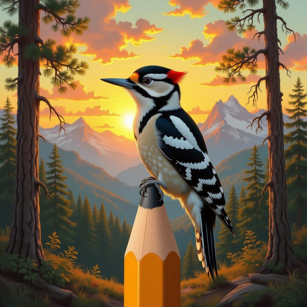 Woodpecker Forms Fantastical Pencil in Bierstadt Style