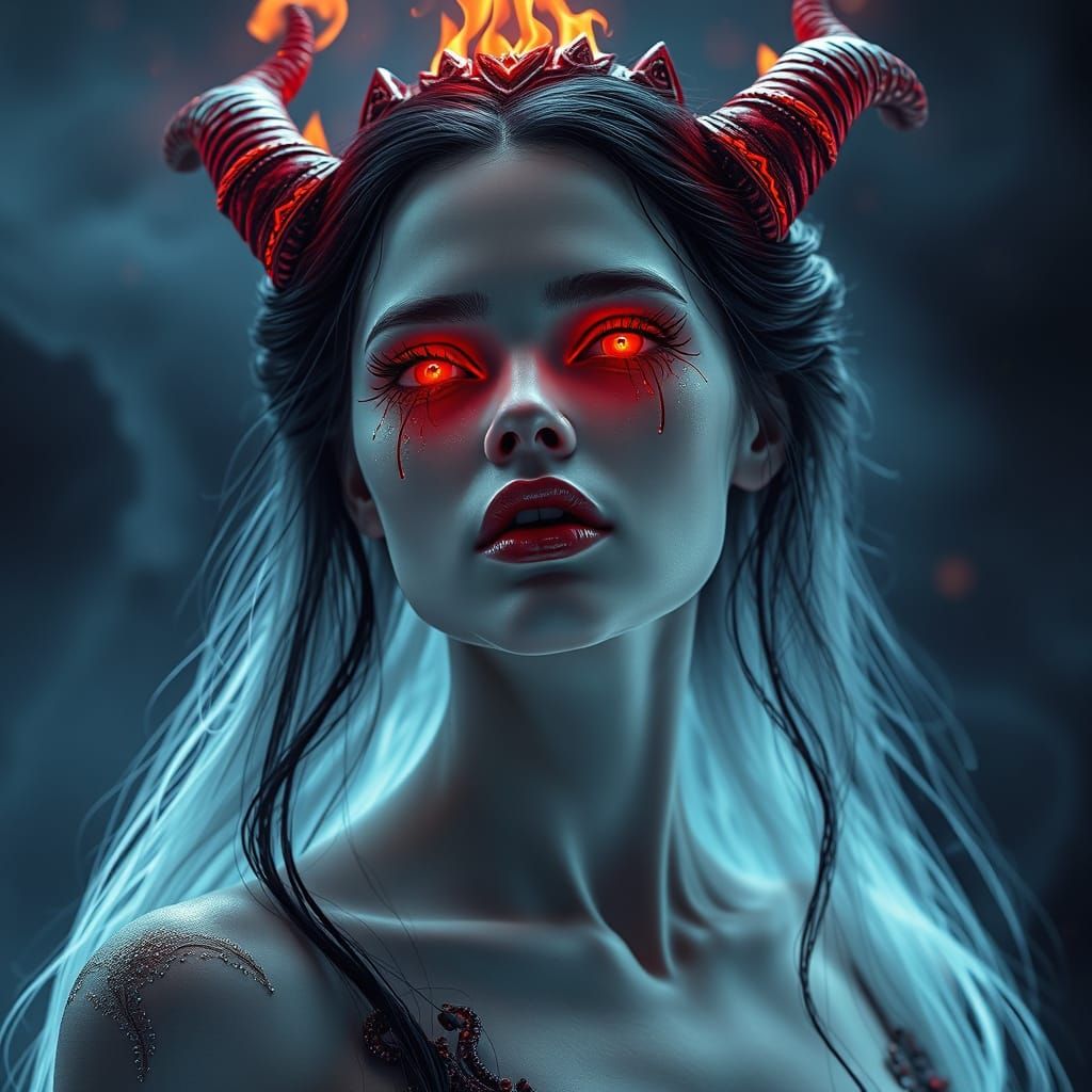 Ethereal Woman with Neon Eyes and Burning Crown