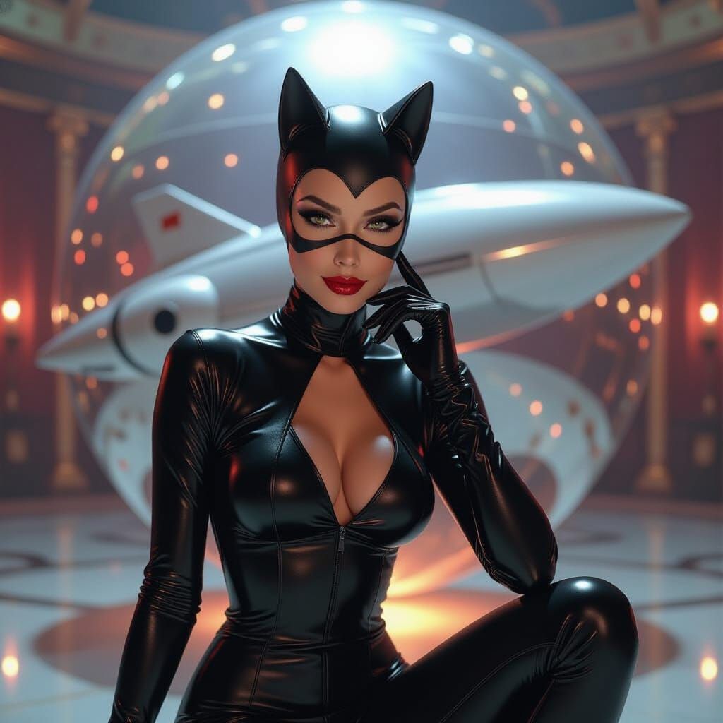 Catwoman in Mirrored Ballroom: Photorealistic Surrealism